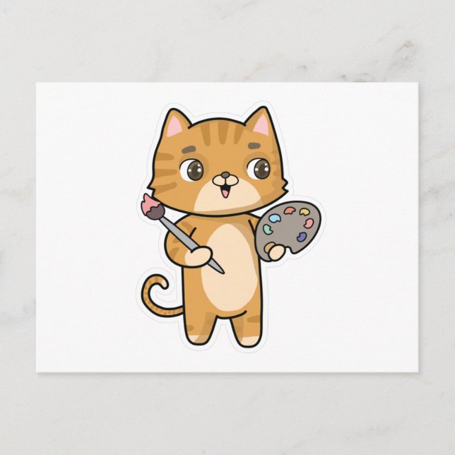 Katt vid målning med färg och pensel vykort (Framsida)