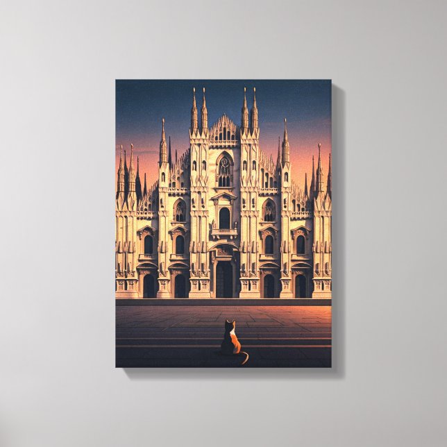 Katt vid Milan Duomo Sträckt Canvastryck (Framsida)