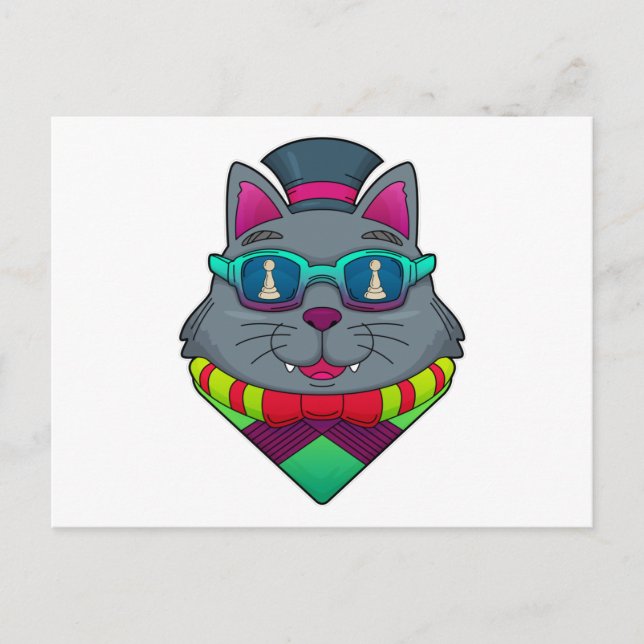 Katt vid schack med schackpjäs bonde vykort (Framsida)