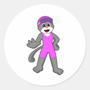 Katt vid Swimming med Swimfit Runt Klistermärke