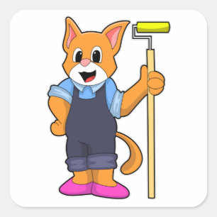 Katt vid vallpapering med tryckvalsare fyrkantigt klistermärke