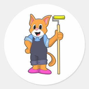 Katt vid vallpapering med tryckvalsare runt klistermärke