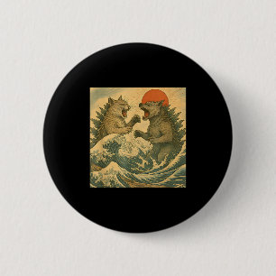 Katt Vs Hund Kaiju Monster Japansk Ukiyo-e Stil Me Knapp