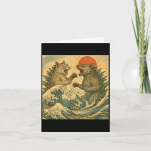 Katt Vs Hund Kaiju Monster Japansk Ukiyo-e Stil Me Kort