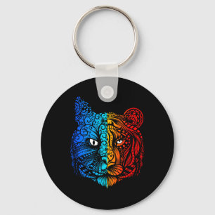 Katt vs Tiger Ansikte Mandala Design Nyckelring