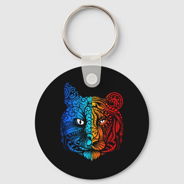 Katt vs Tiger Ansikte Mandala Design Nyckelring (Framsida)