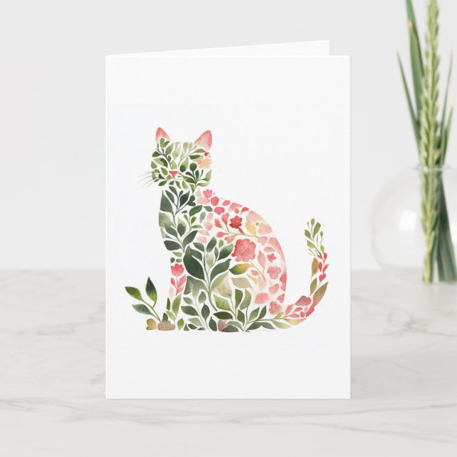 Katt Watercolor Hälsning Blommigt Kort (Framsida)