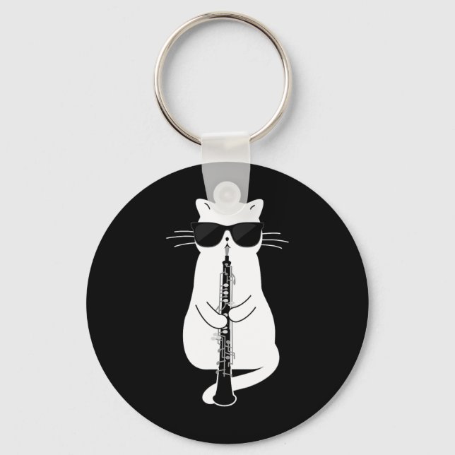 Katt Wear Sungles som leker Oboe Nyckelring (Framsida)