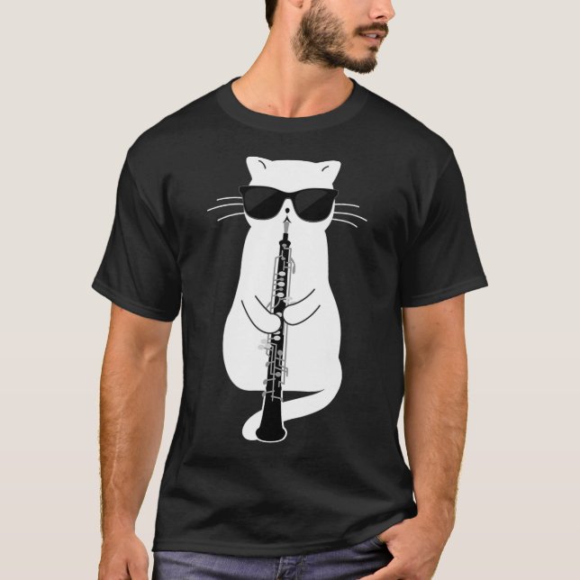 Katt Wear Sungles som leker Oboe T Shirt (Framsida)