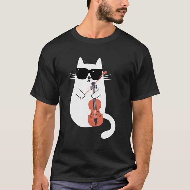 Katt Wearing Sunglasses Spela Violin Viola Musici T Shirt (Framsida)
