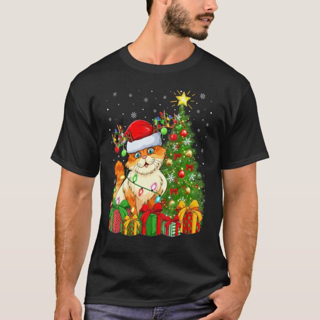 Katt   Xmas Högtid Tomte Katt Julgran T Shirt (Framsida)