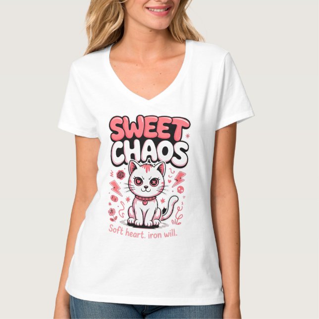 Kattälskare Djärv Söt Kaos Kantig Katt T Shirt (Framsida)