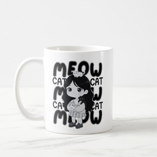 Kattälskare Estetisk Chibi Flickillustration Kaffemugg (Vänster)