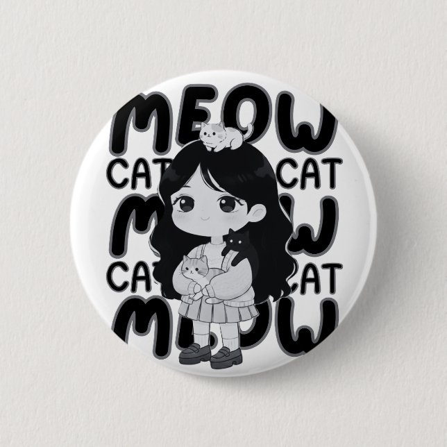 Kattälskare Estetisk Chibi Flickillustration Knapp (Framsida)