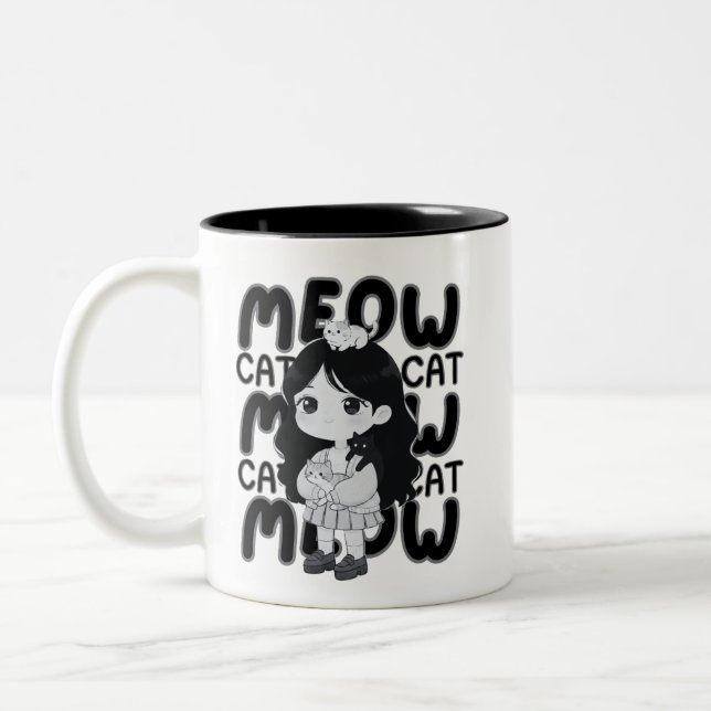 Kattälskare Estetisk Chibi Flickillustration Två-Tonad Mugg (Vänster)