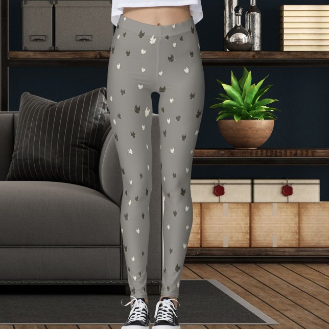 Kattälskare Modern Söt Grå Svart Vit Kattmönster Leggings (Skapare uppladdad)
