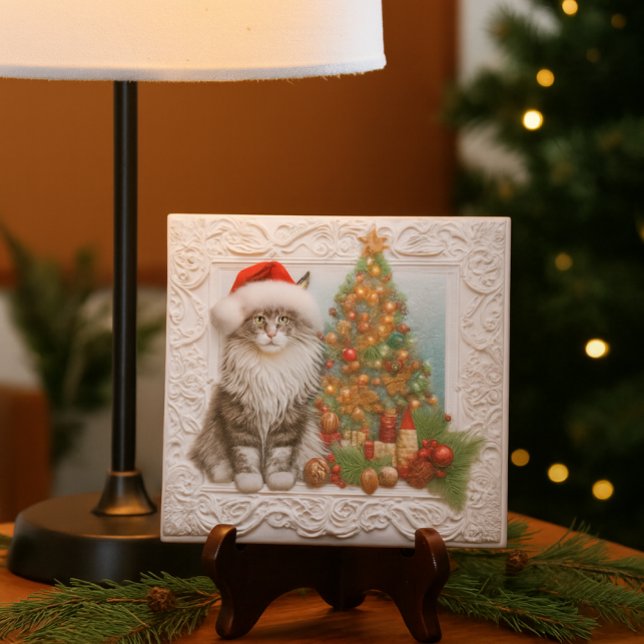 Kattälskare Präglad Jul  Kakelplatta (Festive ceramic tile with Santa cat and tree perfect for holiday desks, gifts, and cozy décor.)