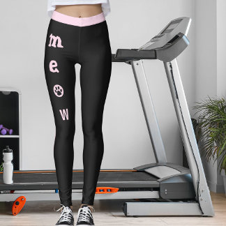 Kattälskare Söt Mjao Tass Jet Svart Rosa Ränder Leggings