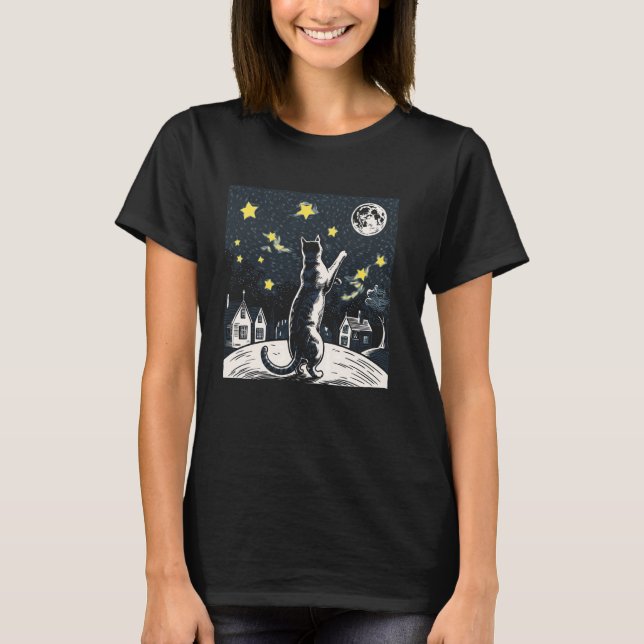 Kattälskare sträcker sig efter stjärnor måne himme t shirt (Framsida)