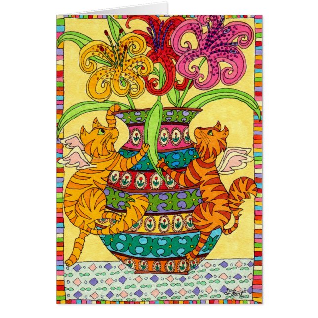 KattÄlvor med Ornate Vas i Lilies Hälsningskort (Framsidan)