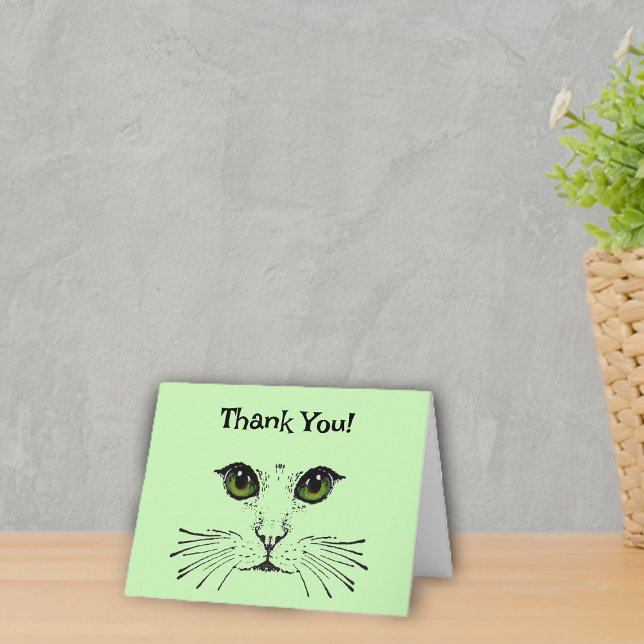 Kattansikte i svart Gröna ögon Morrhår Tack Kort (Kitty cat face in black with green eyes and whiskers on light green Thank You cards.)