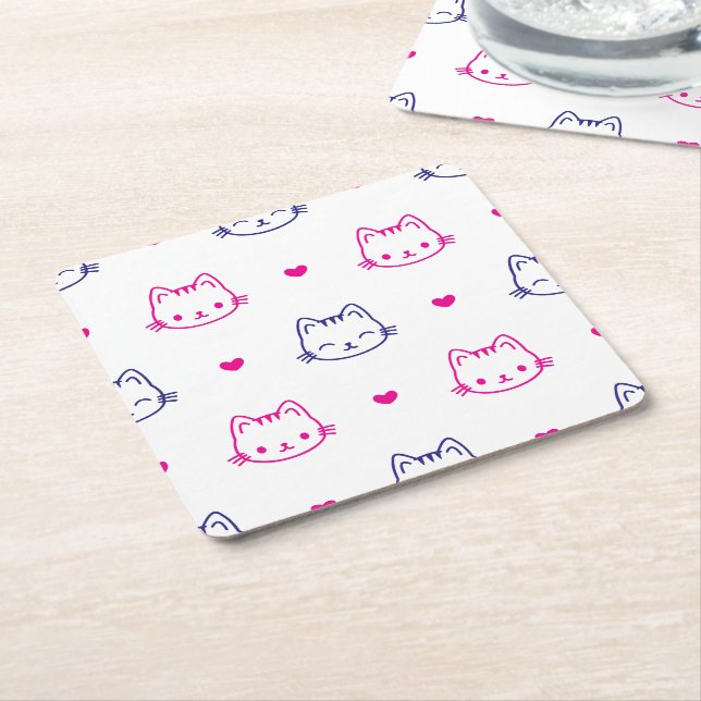 Kattansikte med hjärtmönster Ritning Söt design Underlägg Papper Kvadrat (Vinklad)