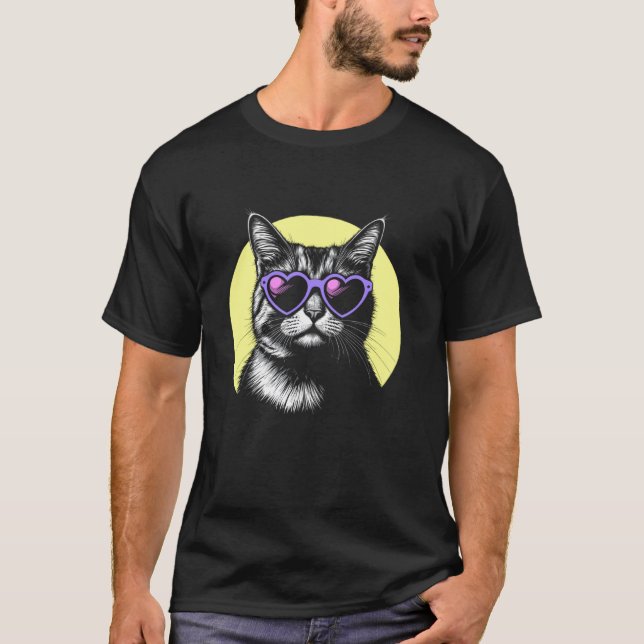 Kattansikte som använder hjärtformade solglasögon, t shirt (Framsida)