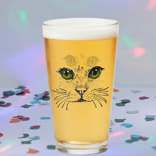 Kattansiktsillustration i svart med levande gröna glaskopp