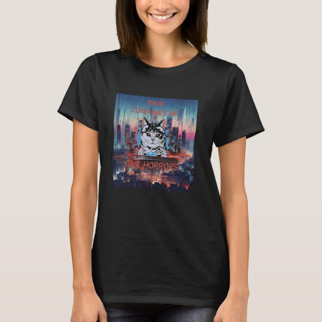 Kattarg Konsumera Mig Skräck Fortsätter Rolig Katt T Shirt (Framsida)