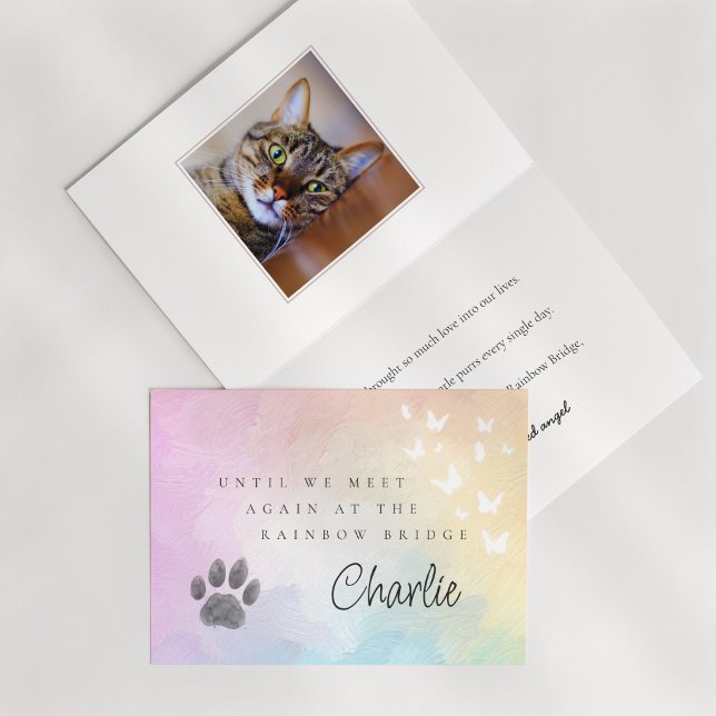 Kattavtryck Rainbow Bridge Dödshjälpminne Kort (Paw Print Rainbow Bridge Pet Loss Memorial Card With Custom Pet Photo Inside)