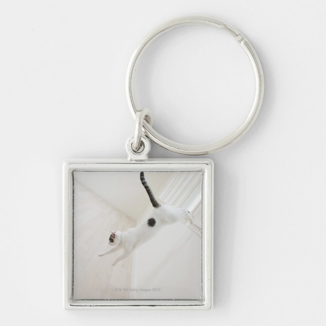 Kattbanhoppning Fyrkantig Silverfärgad Nyckelring (Framsidan)