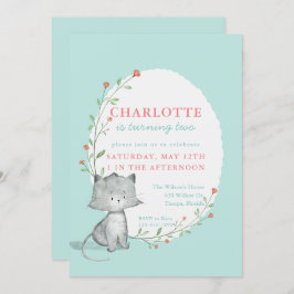 Kattburk Blommigt Födelsedagsfest Inbjudningar