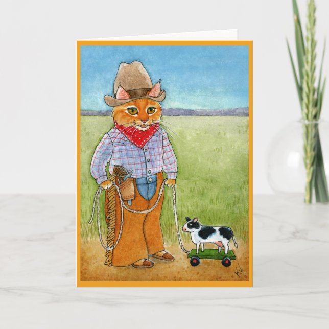 Kattcowboyen Cute, boskapsrancher-hälsningskort Kort (Framsida)