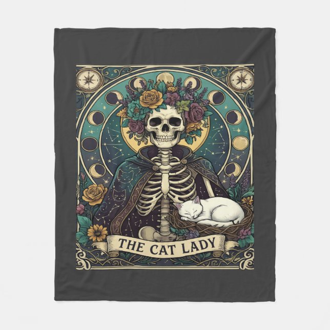 Kattdam Halloween Skelett Blommig Mån Kompass Fleecefilt (Framsidan)