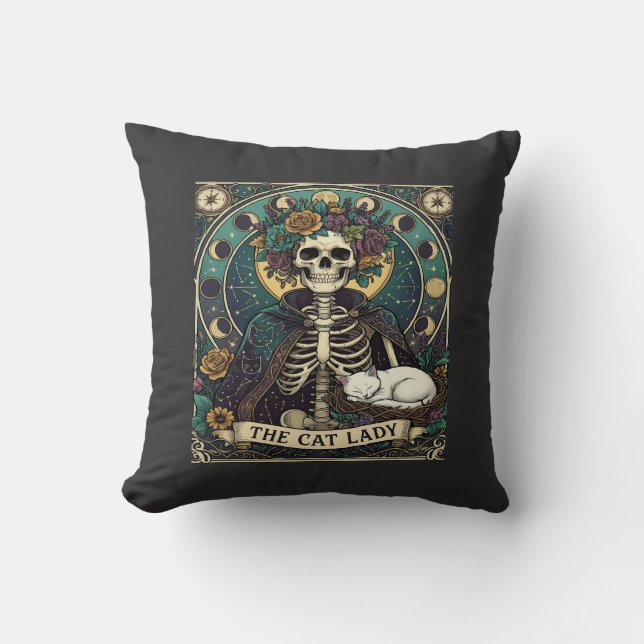 Kattdam Halloween Skelett Blommig Mån Kompass Kudde (Framsida)
