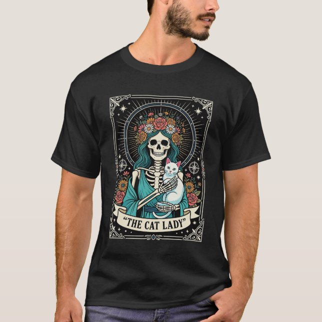 Kattdam-skelett-taro-blommig gotik t shirt (Framsida)