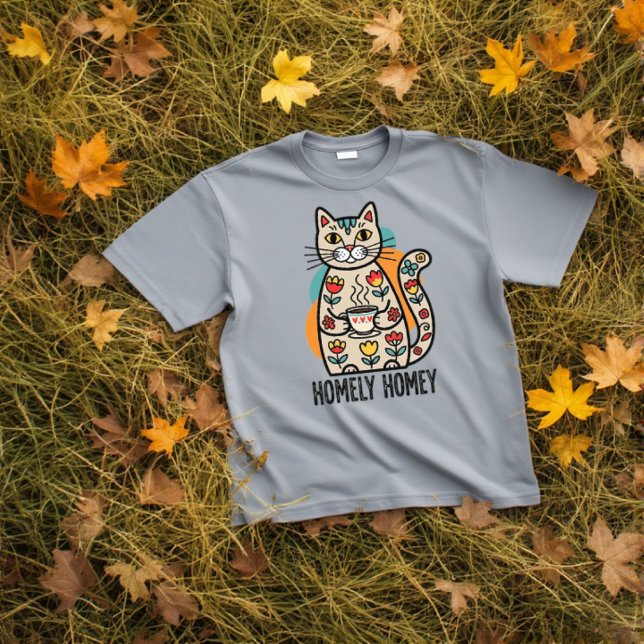 Kattdesign i Homey lycklig T Shirt (Homely homey happy cat t-shirt design in grey colour version)