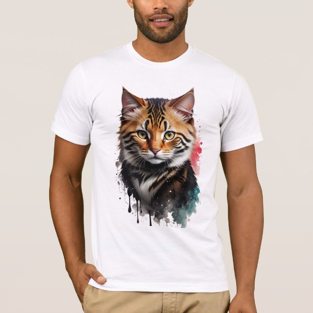 Kattdjur Beige Tiger-Stripe Cat Watercolor Stänk T Shirt (Framsida)