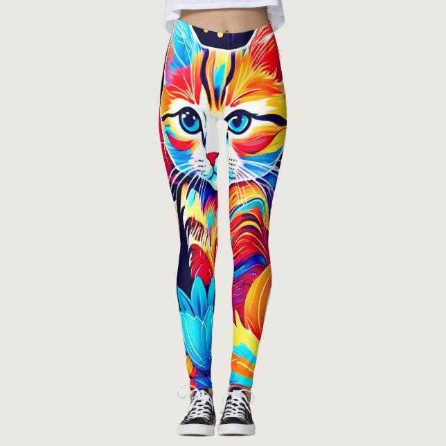 Kattdjur Blommigt Fantasy Leggings (Framsida)