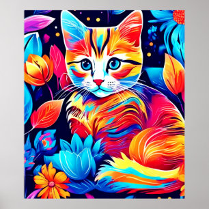 Kattdjur Blommigt Fantasy Poster