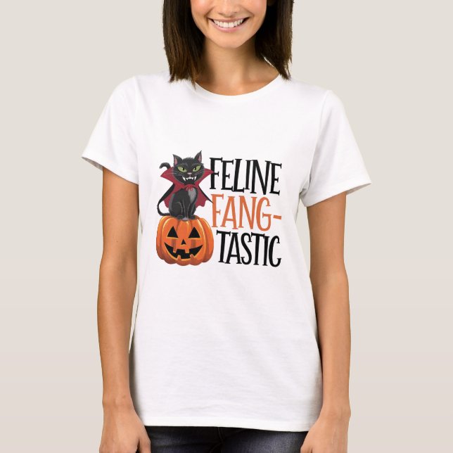 Kattdjur Fang-tastic Halloween Vampire Cat Design T Shirt (Framsida)