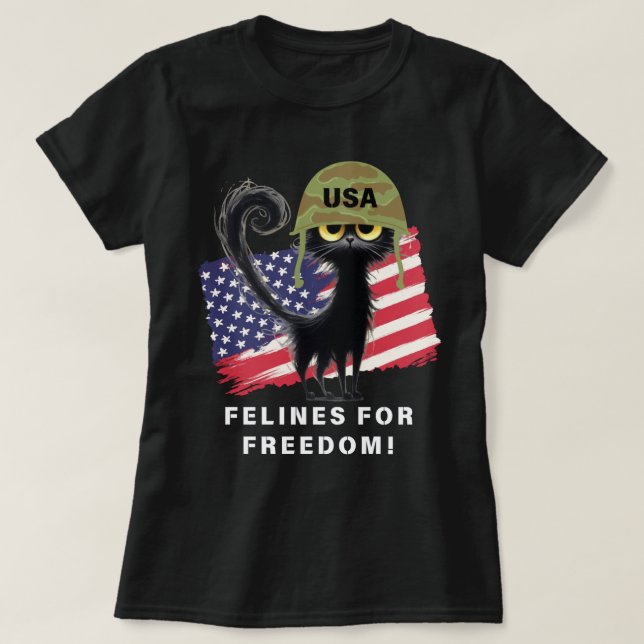 KATTDJUR FÖR FRIHET, patriotisk katt i armén Helme T Shirt (Design framsida)