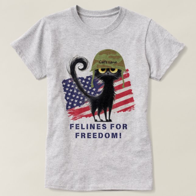 KATTDJUR FÖR FRIHET, patriotisk katt i armén Helme T Shirt (Design framsida)