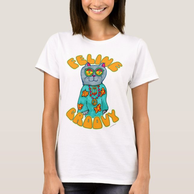 Kattdjur Groovy Hippie Cat Tecknad T Shirt (Framsida)