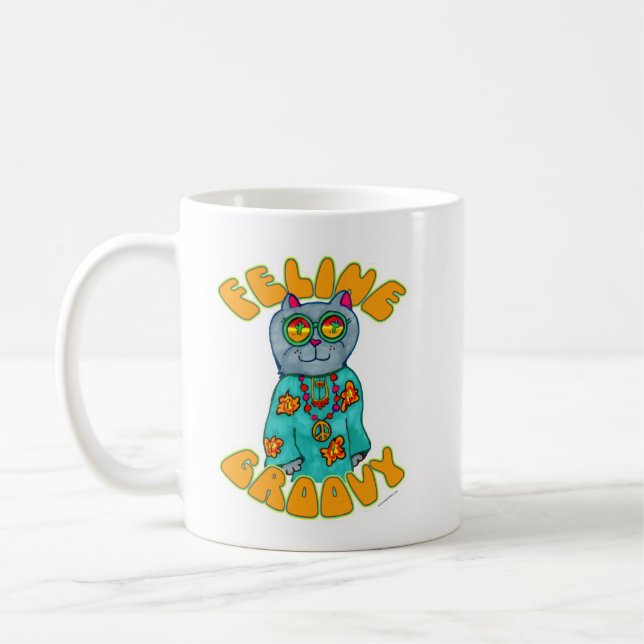 Kattdjur Groovy Hippie Stil Cat Art S Kaffemugg (Vänster)