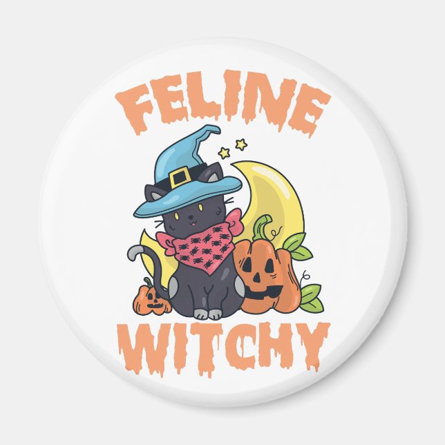 Kattdjur Witchy Funny Spooky Halloween Cat Kitten Magnet (Framsidan)
