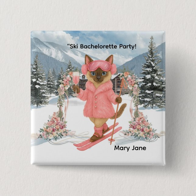 Katten åker skidor i rosa outfit Möhippa  Knapp (Framsida)