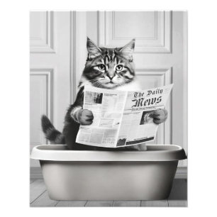 Katten är sitta på Toilet, katt läser nyheter Fototryck
