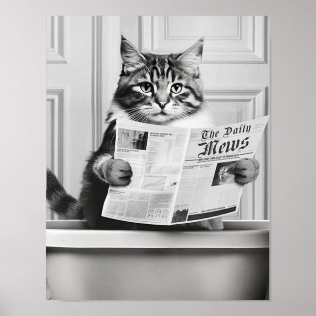 Katten är sitta på Toilet, katt läser nyheter Poster (Framsidan)