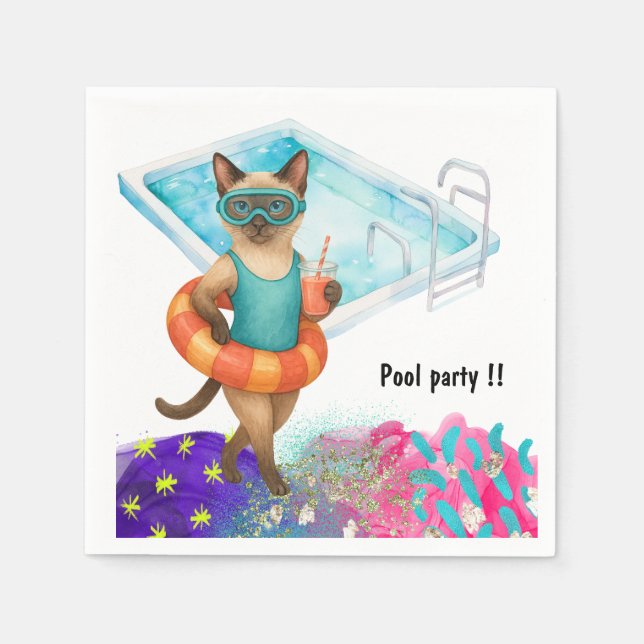 Katten är vid poolen för poolfest pappersservett (Framsidan)